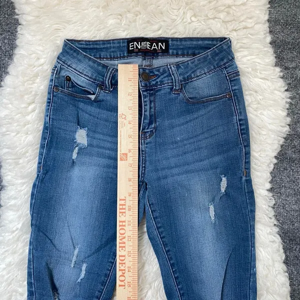 Enjean Blue Denim Skinny Jeans Distressed Raw Hem Y2k Boho Chic Grunge Alt - Image 4