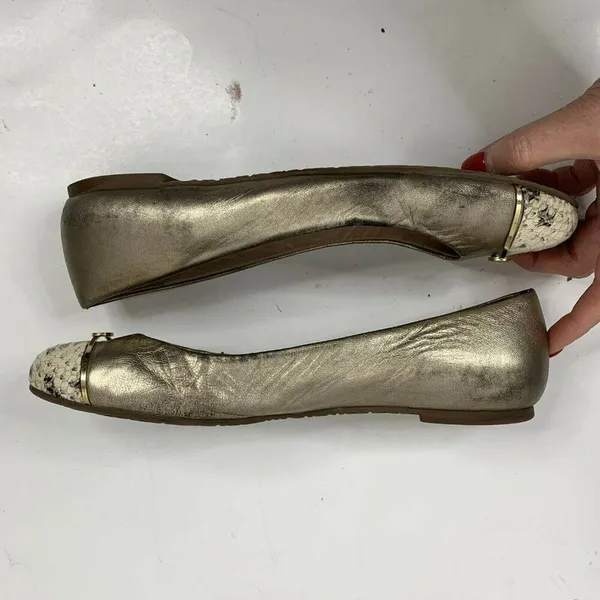 Tory Burch Size 9 Bar Logo Ballet Flat Champagne Natural Odyssey Karajah‎ Print - Image 5