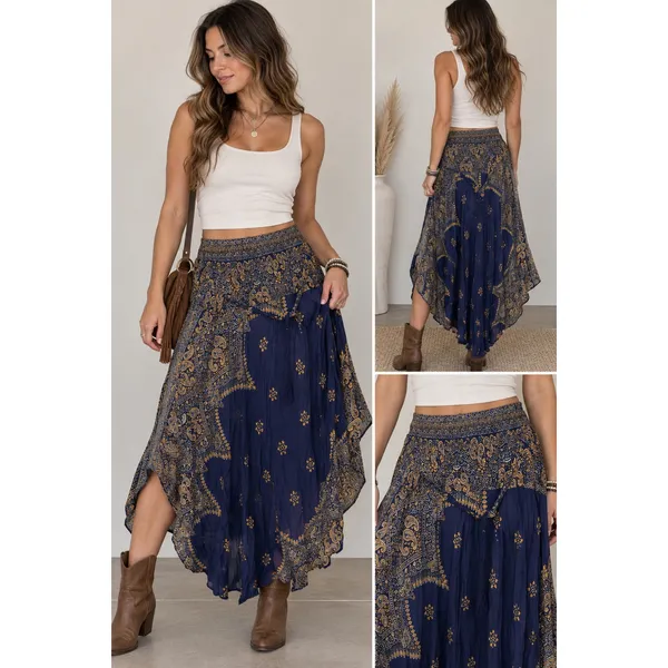 Boho Indie Sleeze Navy Blue Paisley Smocked Waist Handkerchief Hem Skirt L/XL - Image 2