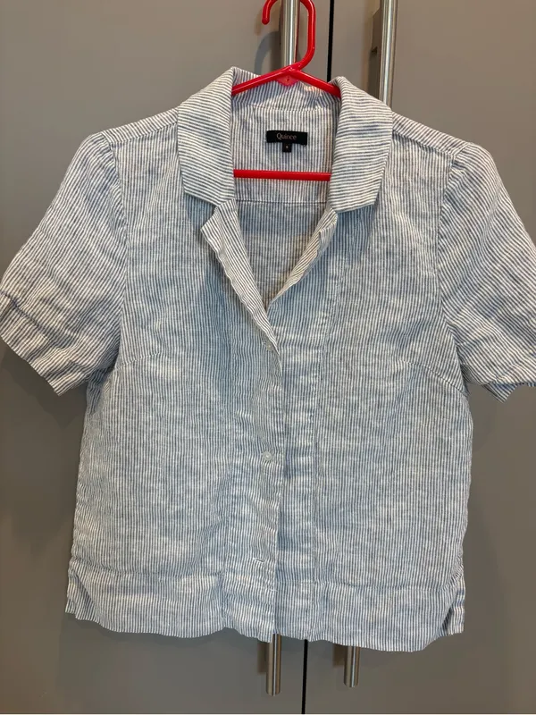 Quince 100% European Linen Blue Pinstripe Short Sleeve Button Up Shirt - small - Image 2