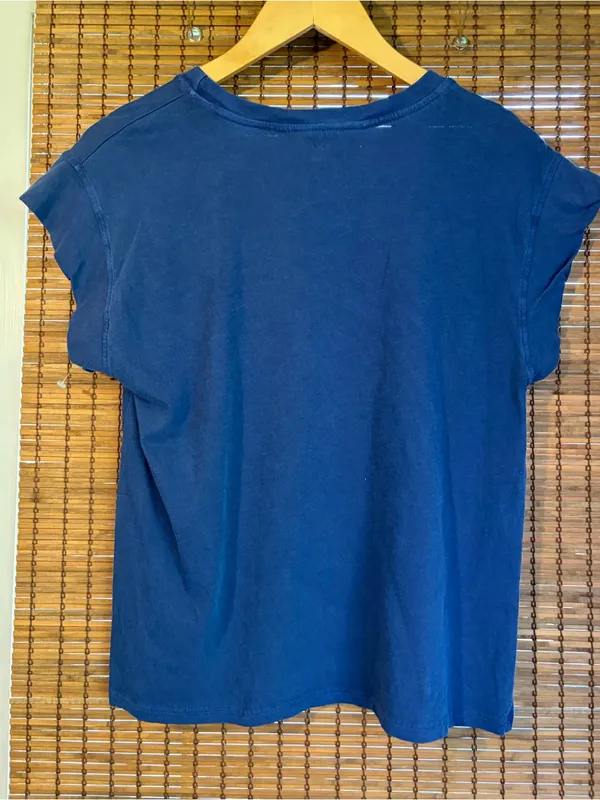 Anthropologie Self Contrast Smiley Face Graphic Tee Navy Blue Small Cap Sleeve - Image 4