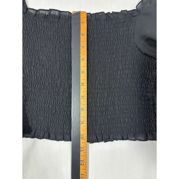Smocked‎ Crop Top Black Square Neck Puff Sleeve Ruffle Trim Cottage Festival S - Image 5