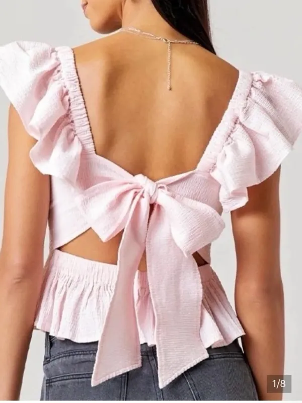 Mi Ami Peplum Bow Tie Pastel Pink Flutter Sleeve top Small - Image 2