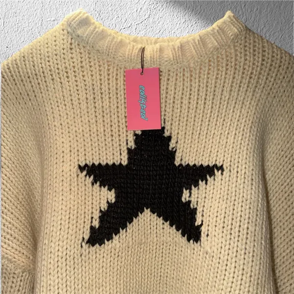 Edikted Cream Cropped Knit Sweater with Black Star - Image 4