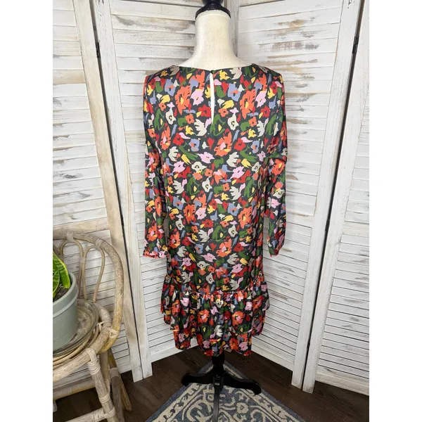 COMPANIA FANTASTICA Women's XL Satin Multicolor Floral Shift Dress Ruffle Hem - Image 4