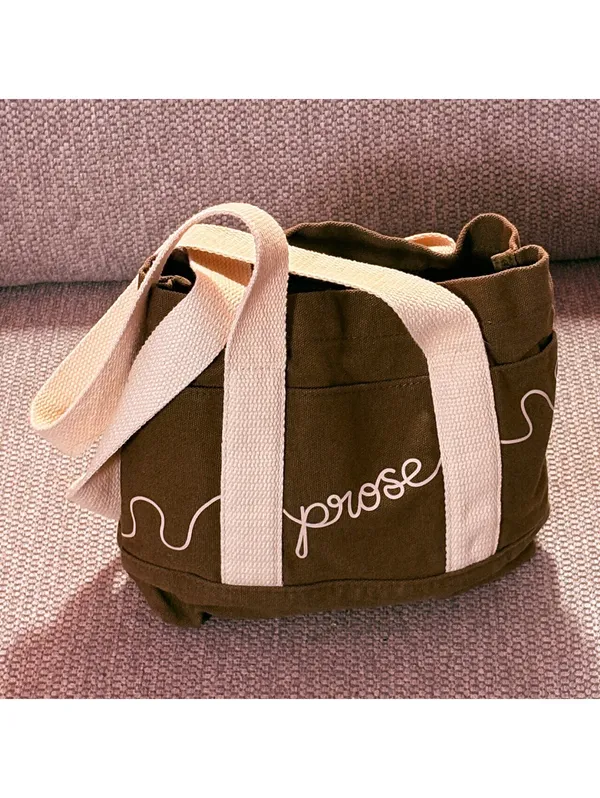 Brown Canvas Tote Bag with White Straps and Brown Bucket Hat - Image 3
