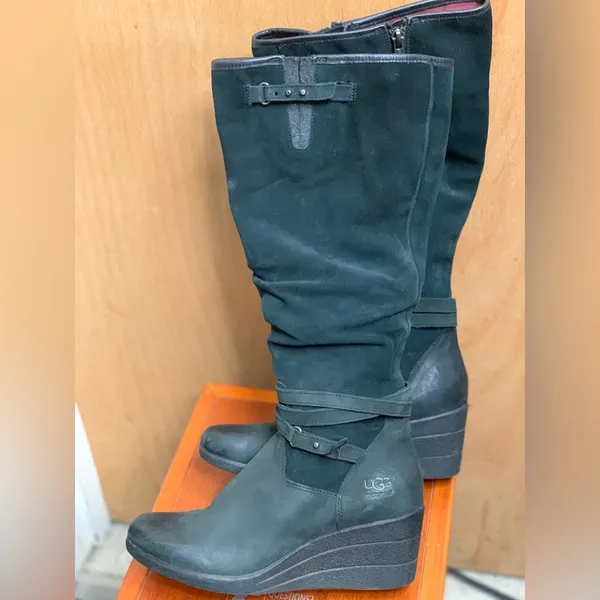 UGG Black Knee-High Suede Wedge Boots.     Size-8.  Elevated Casual - Image 2