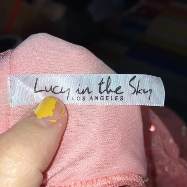 Lucy in the Sky Los Angeles Iridescent Sequin Off Shoulder Dress in Coral - Image 8