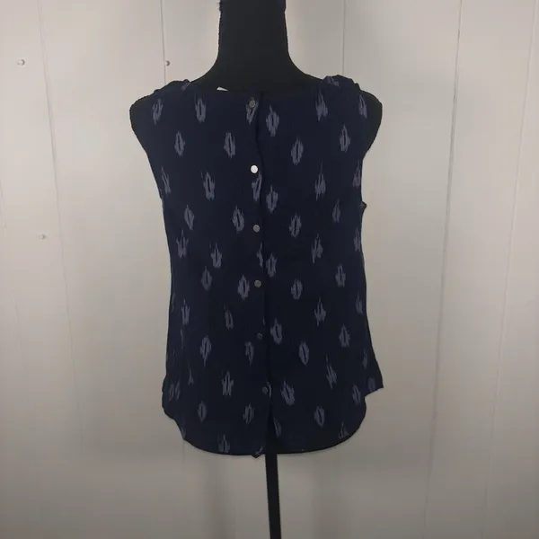 EILEEN FISHER Midnight Blue Cotton‎ Ikat Petal Sleeveless Shell Tank Top small - Image 2