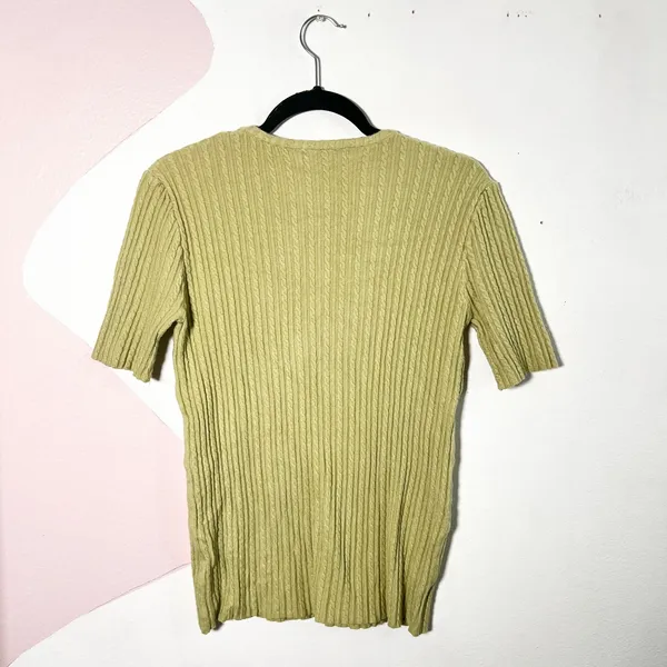 Wool Blend Cable‎ Knit Top Womens Medium Short Sleeve Green Comfy Preppy - Image 2