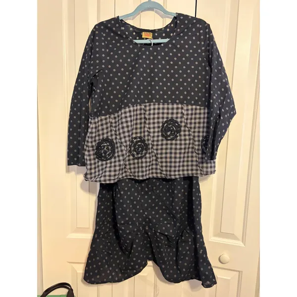 Tulip Women's Polka Dot Gingham Patchwork‎ Boho Style Top & Skirt Set XS - Image 2