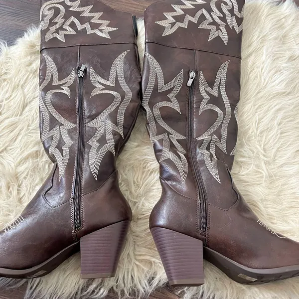 Dark Brown Flame Over The Knee Thigh High Cowgirl Western Boots EU 38 / US 7 - Image 3