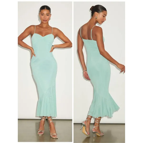 Lulus Giorgina Sage Mesh Gathered Trumpet Midi Dress Size Medium Cocktail Sexy - Image 2
