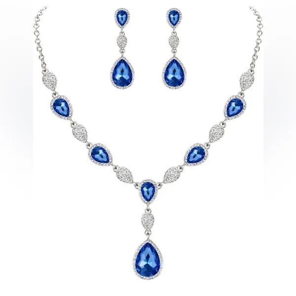 NIB!EleQueen Women Cubic Zirconia Teardrop Y-Necklaces Dangle Earrings Set - Image 2
