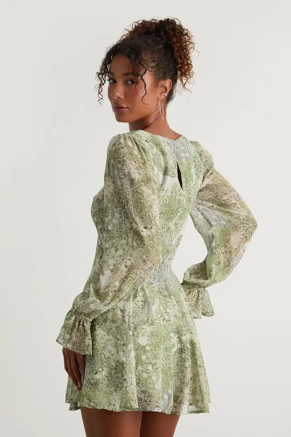 Lulus Kivah Green Boho Print Long Sleeve Mini Dress - Image 2