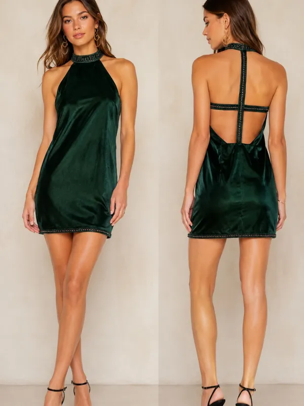 NWT NBDxRevolve Lourdes Green Velvet High Neck Beaded Open Back Mini Dress~ L🧡🎀 - Image 2