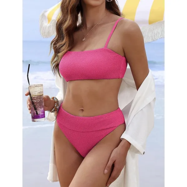 ANRABESS High Waisted Bikini Set Tummy Control Textured Pink Women’s M - Image 2