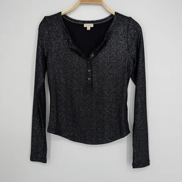 Anthropologie Pilcro Andie Ribbed Spotlight Henley Small Black Metallic Long Sleeve Goth Party - Image 4