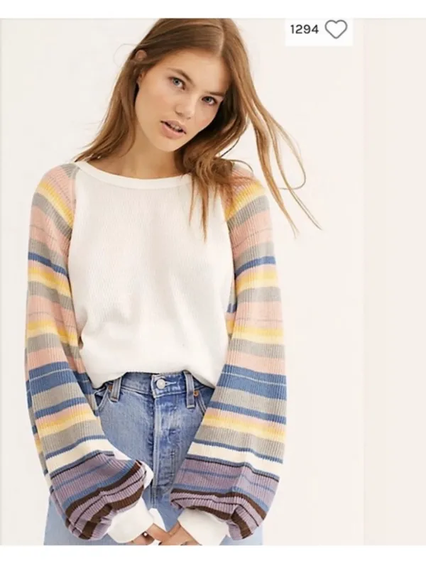 Free People Rainbow Dreams Balloon Sleeve Thermal Knit Blouse, EUC, Medium - Image 2