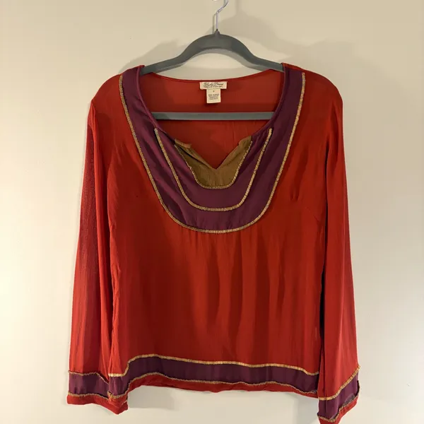 Lucky Brand Rust‎ Red Boho Beaded Bib Long Sleeve Rayon Blouse Small Metallic - Image 2