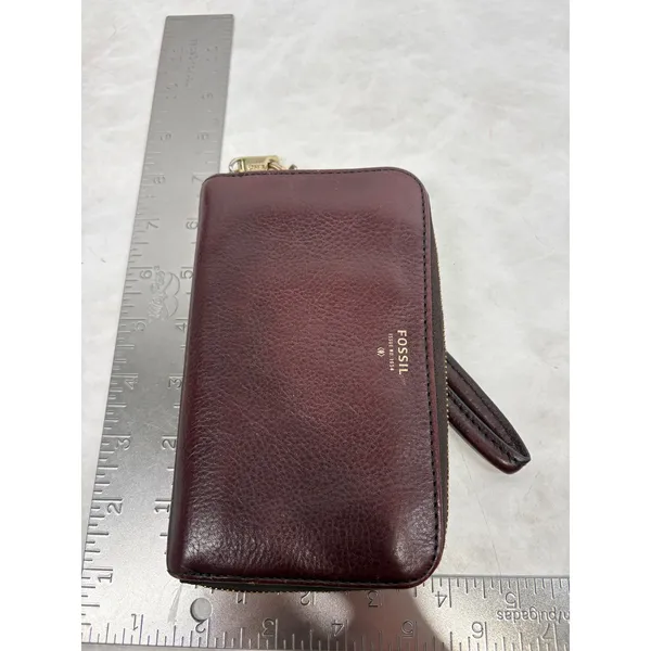 Fossil Logan Zip Around Clutch Wallet Burgundy Leather Teal Interior Wristlet - Image 3