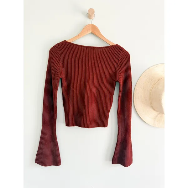 Madewell | NWT Merino Wool Ribbed V Neck Sweater Top Deep Rust | Sz S - Image 7