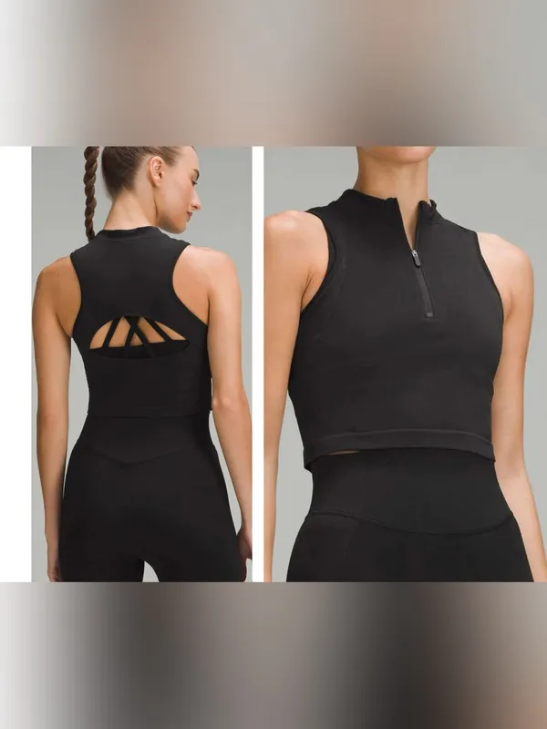 Lululemon Seamless Half Zip Training Tank Black Cropped Mock Neck Size 4 NEW - Image 2