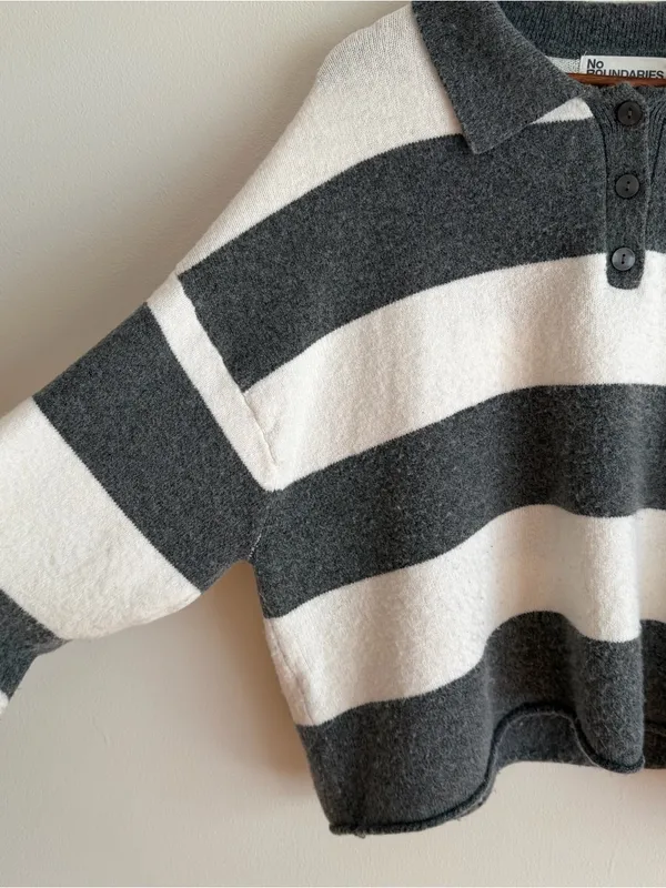 No Boundaries Striped Knit Polo Sweater Henley Grey White XL 16-18 Preppy - Image 3