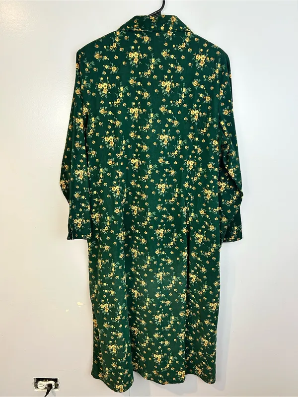 Vintage La Cera Green Floral Corduroy Button Down Cottagecore Midi Dress Large - Image 7