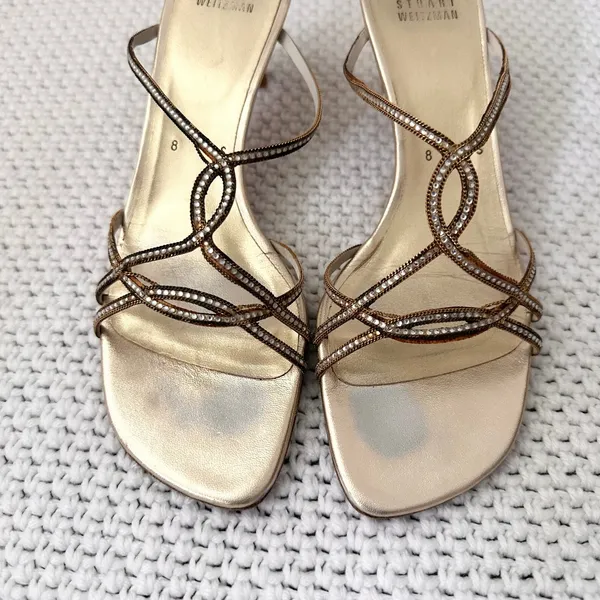 Stuart Weitzman Balance Mule Gold Supple Embellished Kitten Heel Sandals 8N - Image 5