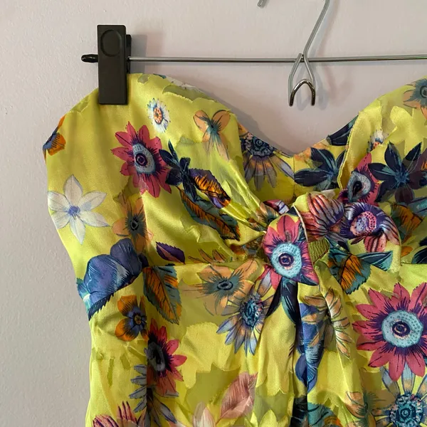 Anthropologie Strapless Midi Dress Floral Silk Blend Yellow Wedding Guest Small - Image 4