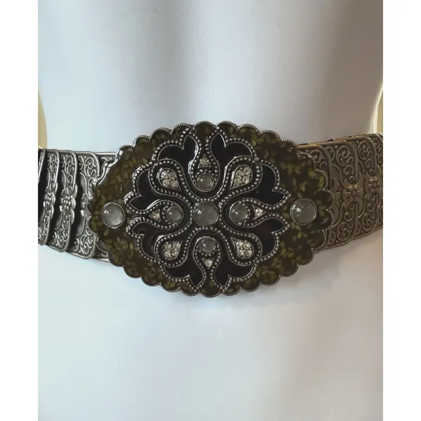 Belt OSFM Metal Silver Tone Elastic Stretch Oval Buckle w/ Enamel & Bling Vtg - Image 3