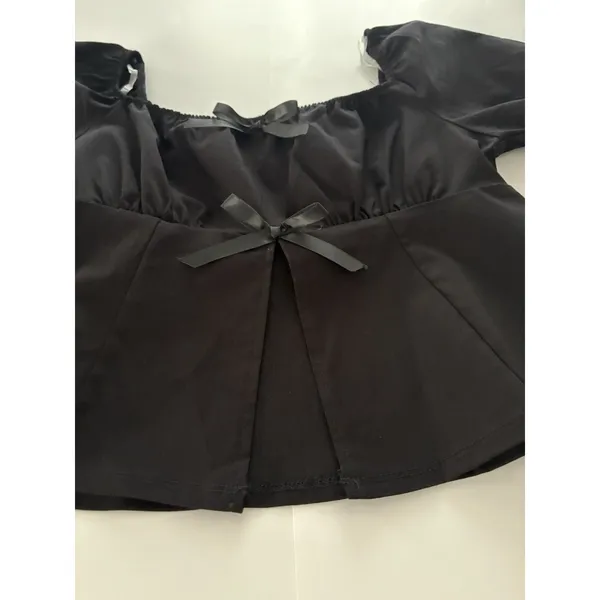 Riley & James Milkmaid Top Size Large Black Bows Puff Sleeve Whimsigoth Fairy - Image 6