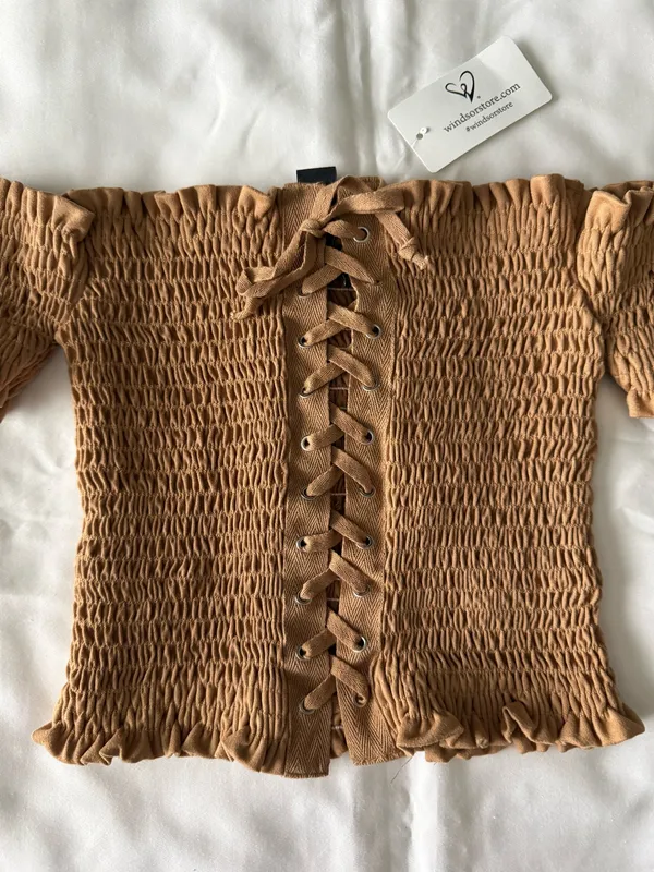 Camel Brown Off-Shoulder Lace-Up Crop Top - Image 2