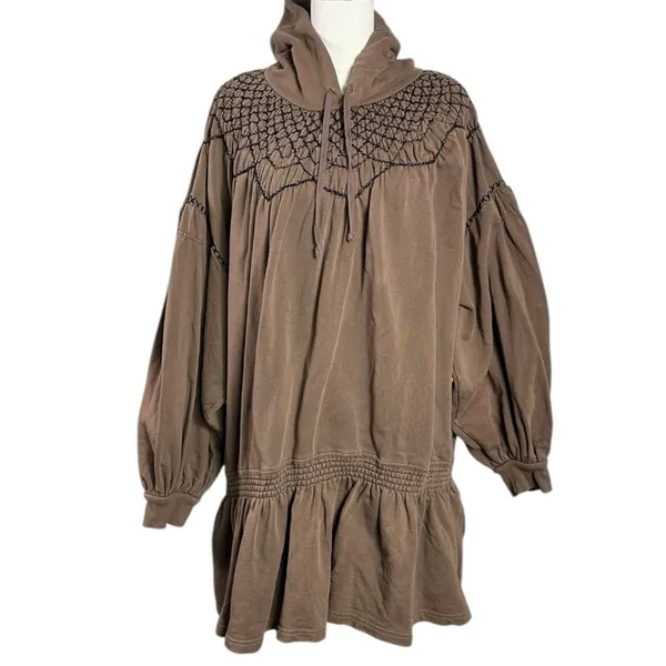 Free People Bohemian Marty Smocked Mini Dress Brown Bear Sweatshirt Tunic Medium - Image 11