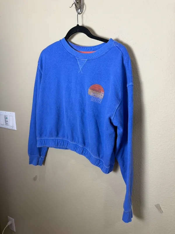 BILLABONG Faded Royal Blue Cropped Sweatshirt Scenic Route 73 Sunset Size Small - Image 3