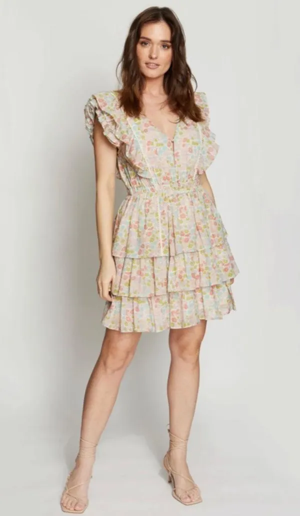 Anthropologie NWT Love The Label Ines Ivory Floral Tiered Ruffle Mini Dress - Image 3