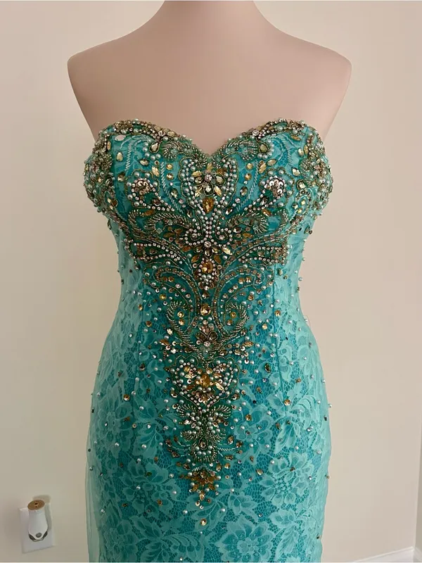 Mori Lee Turquoise Beaded Lace Mermaid Prom Dress | Size: 2-4 - Image 3