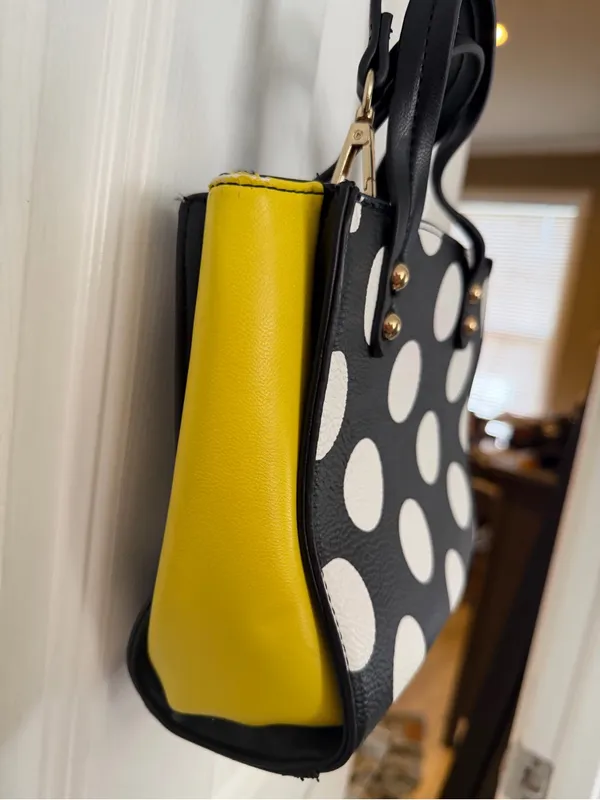 Polka Dot Black & White Shoulder Bag with Yellow Side Panel - Image 4