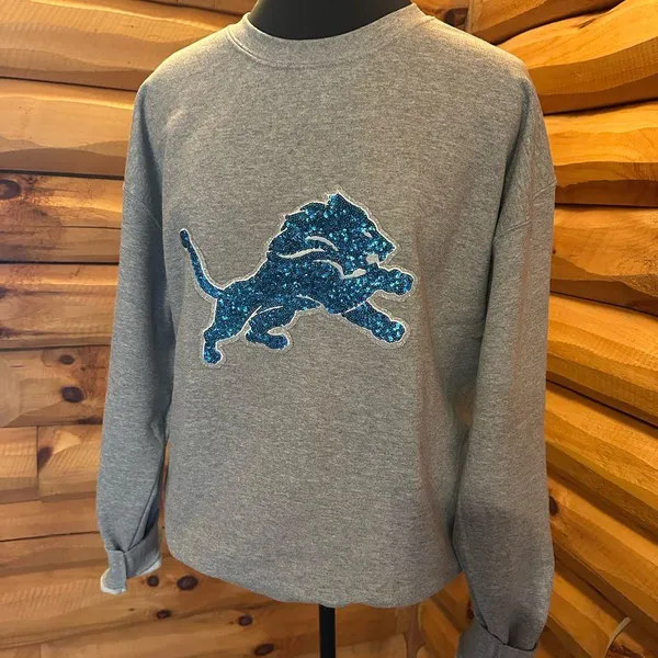 Detroit lions sweater! NFL Gray Sweatshirt with Blue Glitter Logo! Size large - Image 2