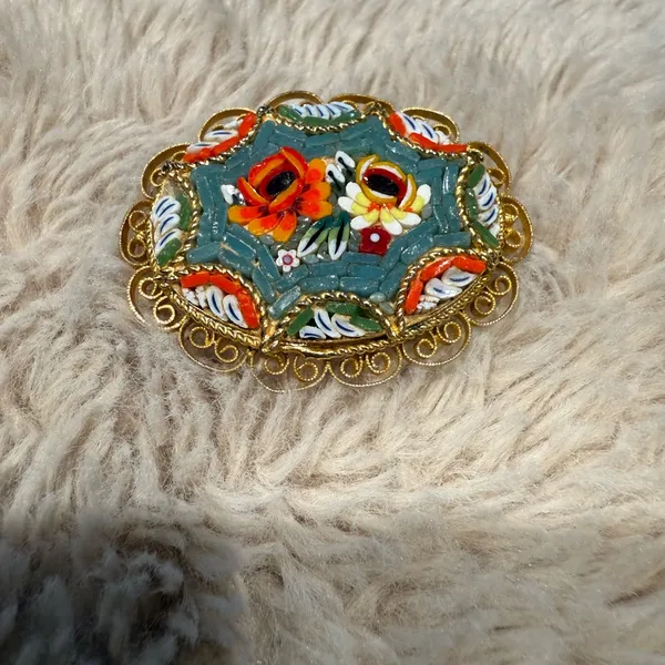 Vintage Gold‎ Micromosaic Micro Mosaic Flower Design Brooch Pin - Image 7