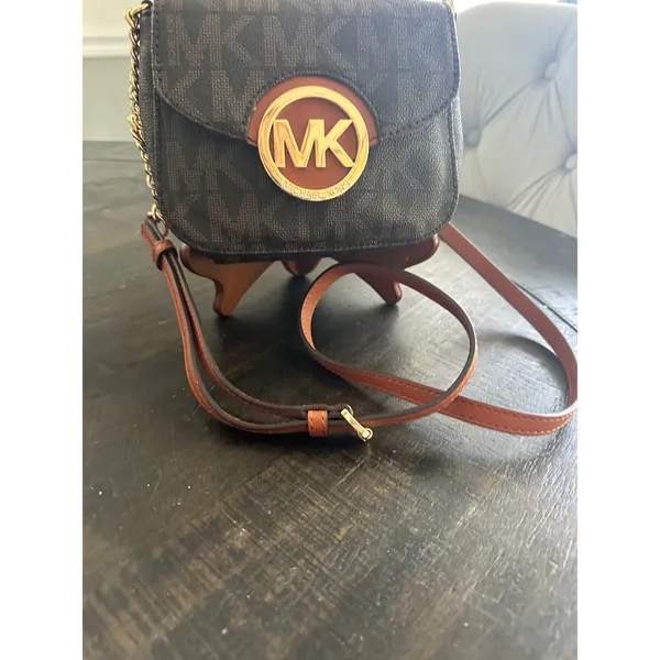 Michael Kors Brown Signature Logo Crossbody Bag Gold MK Medallion Mini Purse EUC - Image 3