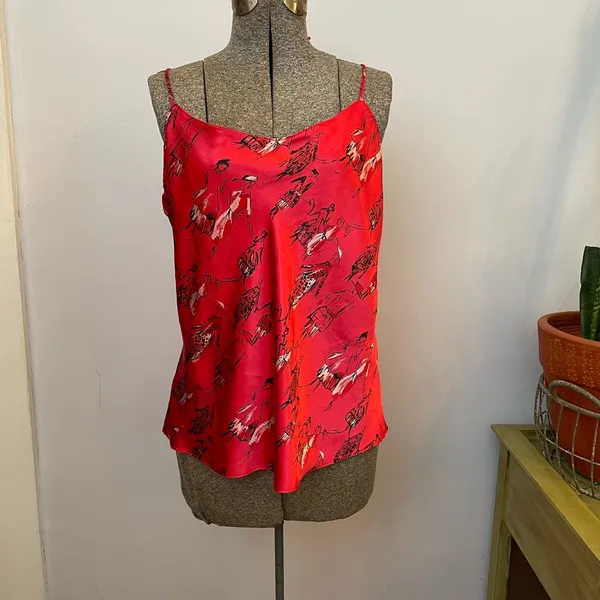 Vintage 90s Natori Private Luxuries Red Silk Cami Art Print Slip Tank XL💛 - Image 3