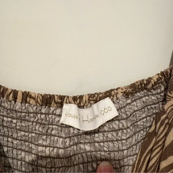 House Of Harlow Linen Blend Puff Sleeve Square Neck Swirl Babydoll Dress‎ Tan S - Image 5