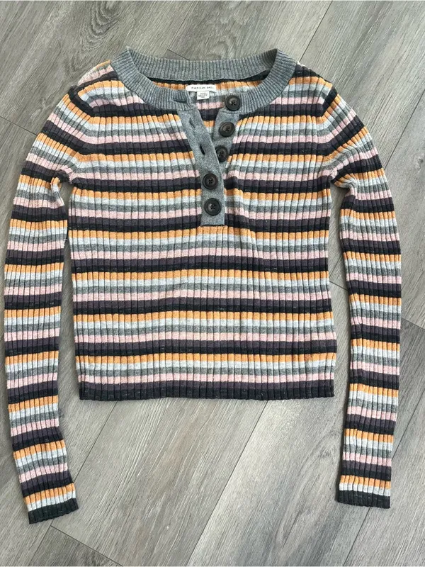 American Eagle Ribbed Striped Henley Sweater Small Gray Pink Orange Long Sleeve - Image 2