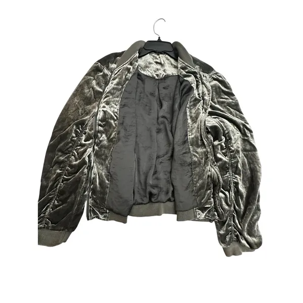 Free People Ruched Bomber Jacket Small Gray Plush Velvet Draped Zip‎ #L6-6 - Image 7