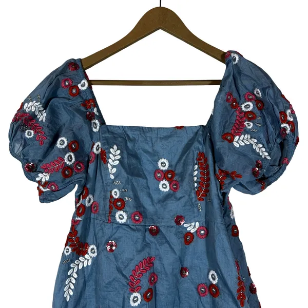 Let Me Be Anthropologie Laurel Floral Embroidered Mini Dress Blue Puff Sleeve XS - Image 4