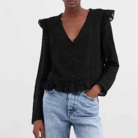 Zara Black Long Sleeve Ruffled Blouse - Image 4