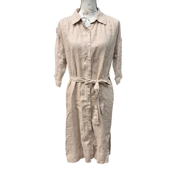 Tahari Womens 100% Linen Belted Button Down Shirt Dress Tan Beige Small - Image 2