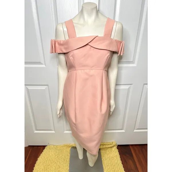 Maternity Blush Pink Off Shoulder Bardot Dress w/ Bow Detail on the Sleeve - Image 4